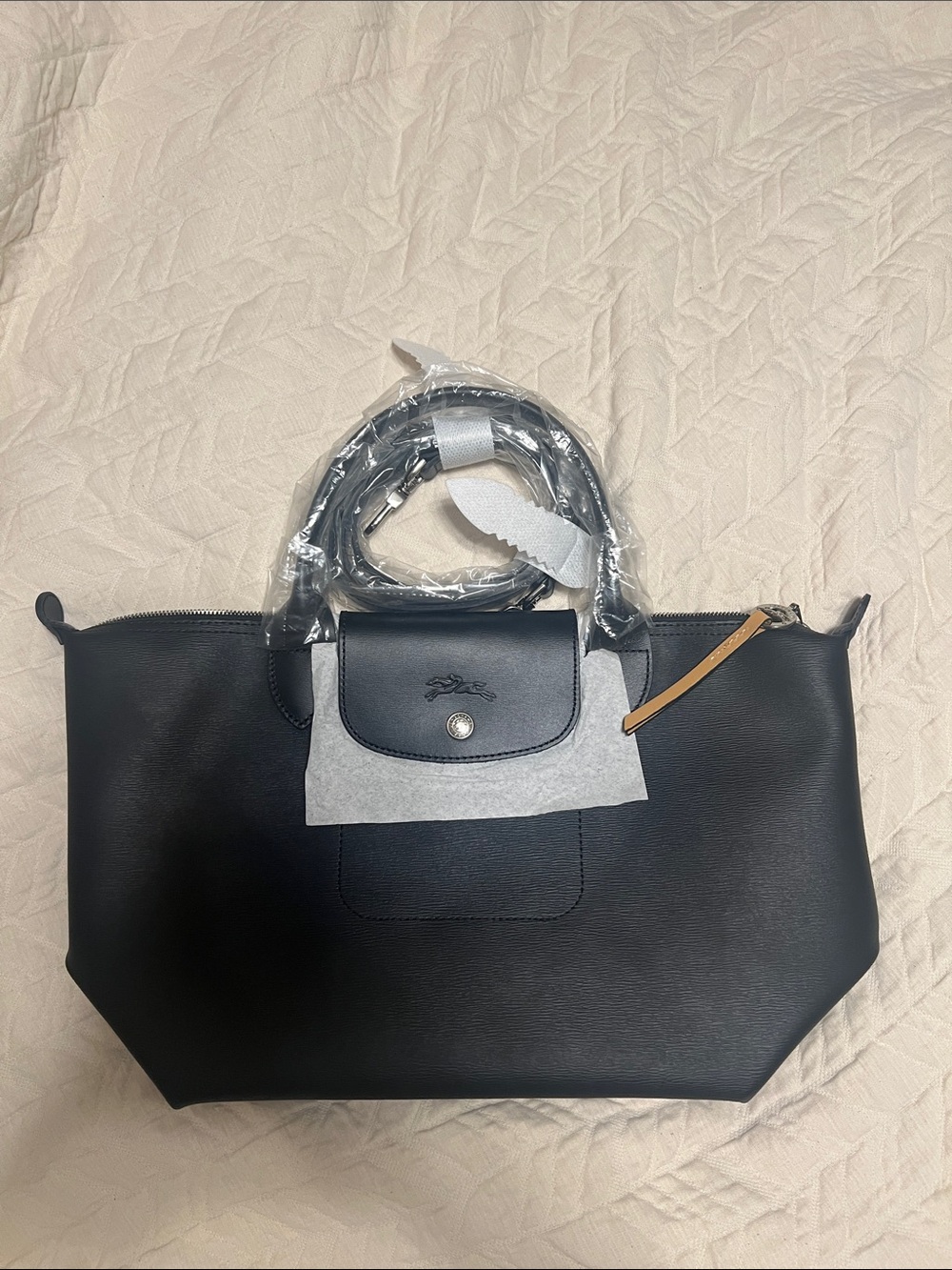 New Longchamp Modele DeposeTote Handbag with Top Handles and crossbody strap.